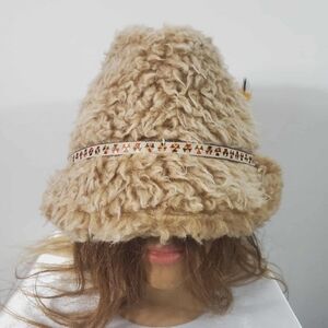 Vintage Scala Tan Faux Fur Hat with Embroidered Band